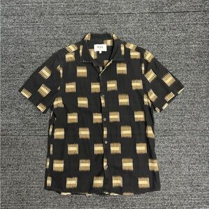 Wax London Shirt Men Medium Black Didcot Ikat Camp Button Short Sleeve Stripe